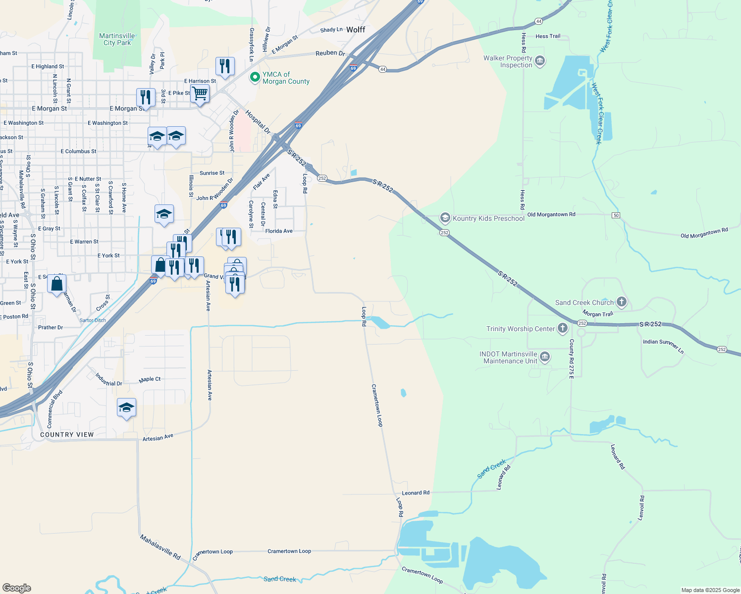 map of restaurants, bars, coffee shops, grocery stores, and more near 1840 Colonial Drive in Martinsville