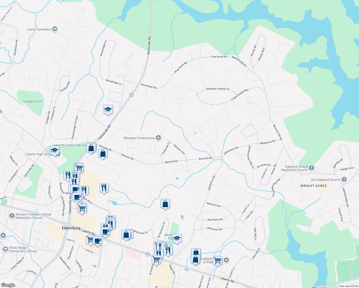 map of restaurants, bars, coffee shops, grocery stores, and more near 2010 Bandy Avenue in Eldersburg