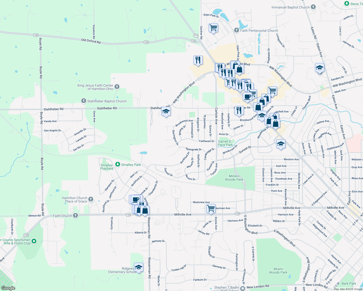 map of restaurants, bars, coffee shops, grocery stores, and more near 734 Springvale Drive in Hamilton