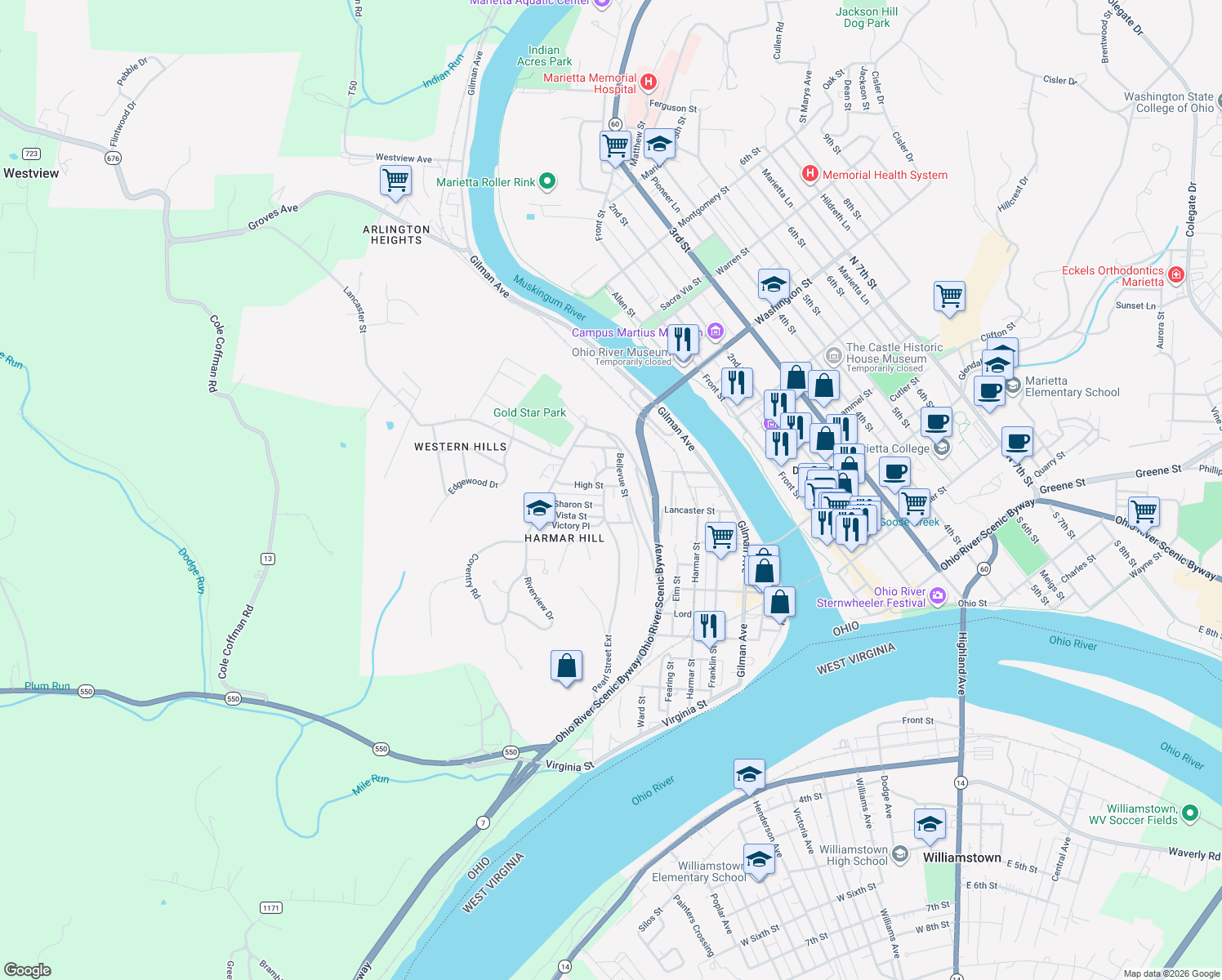 map of restaurants, bars, coffee shops, grocery stores, and more near 101 High St in Marietta