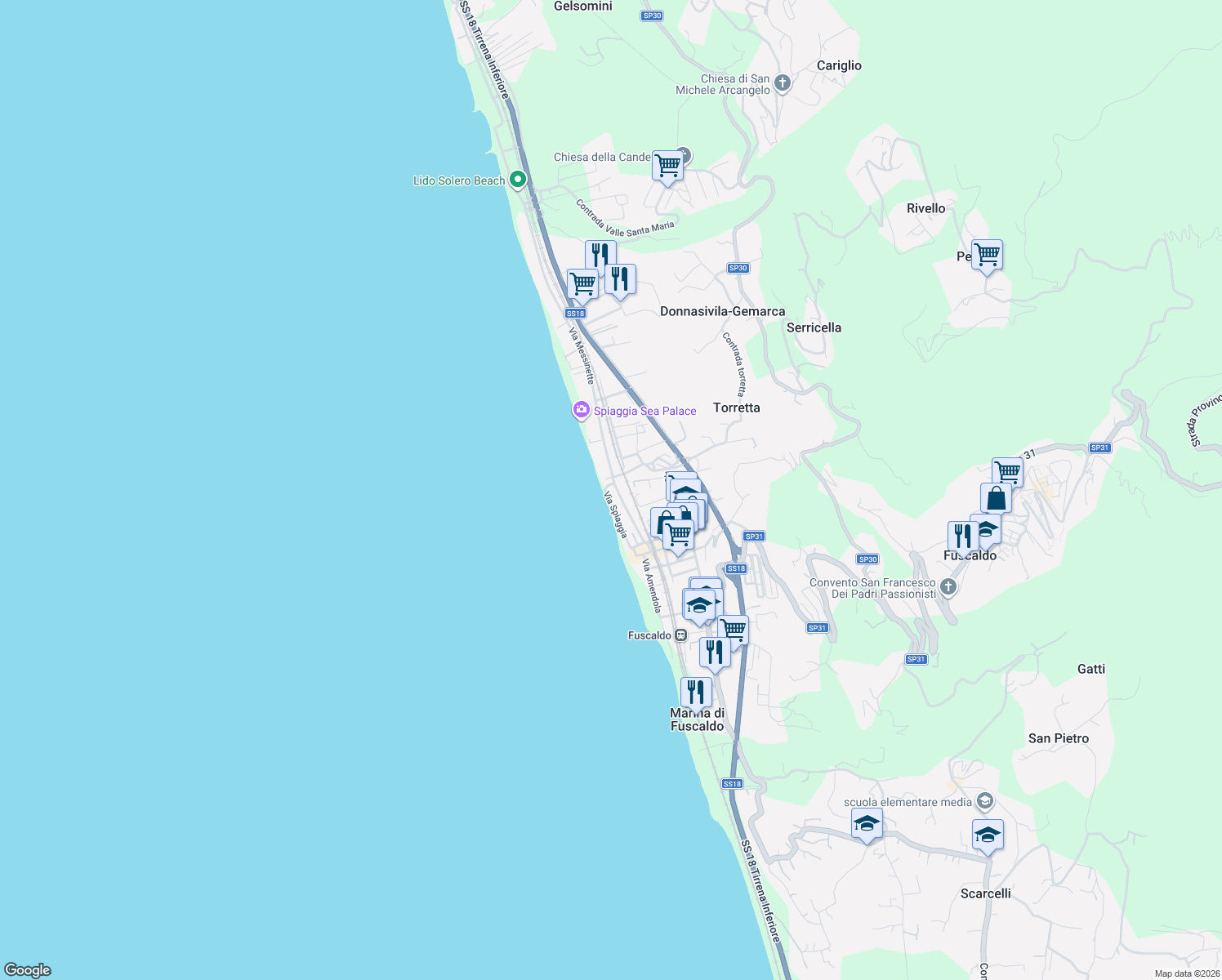 map of restaurants, bars, coffee shops, grocery stores, and more near 36 Via Spiaggia in Marina di Fuscaldo