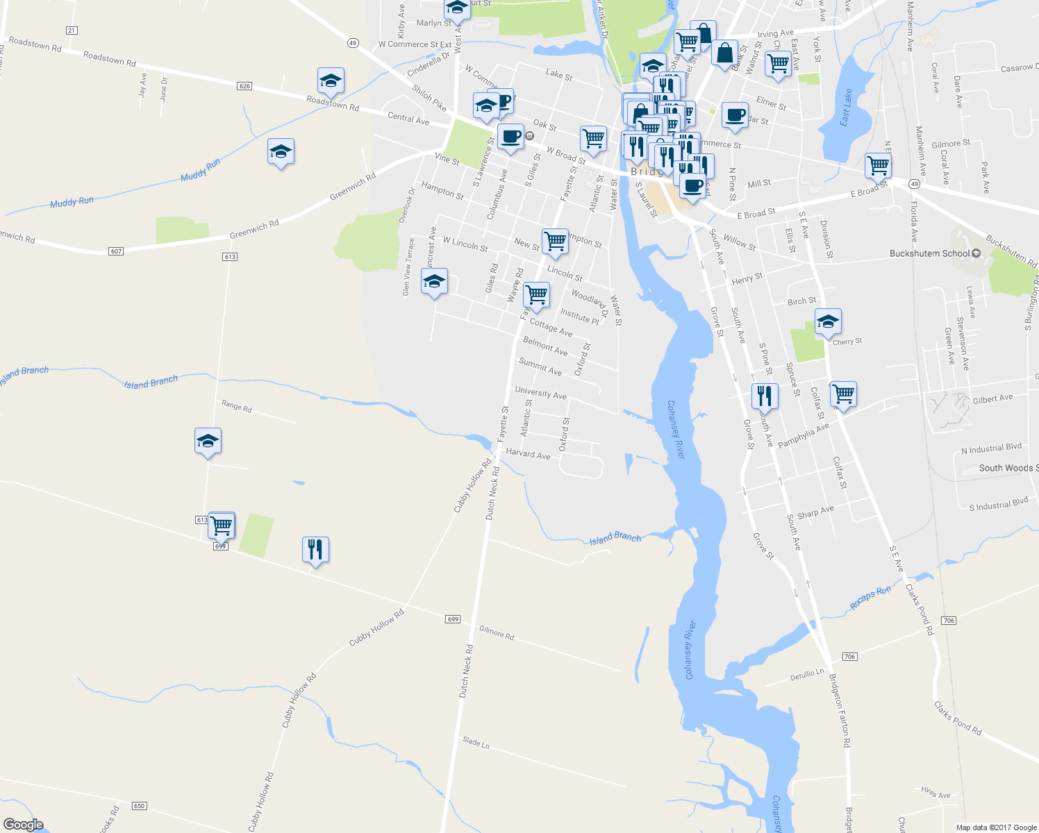 map of restaurants, bars, coffee shops, grocery stores, and more near 458 Atlantic Street in Bridgeton