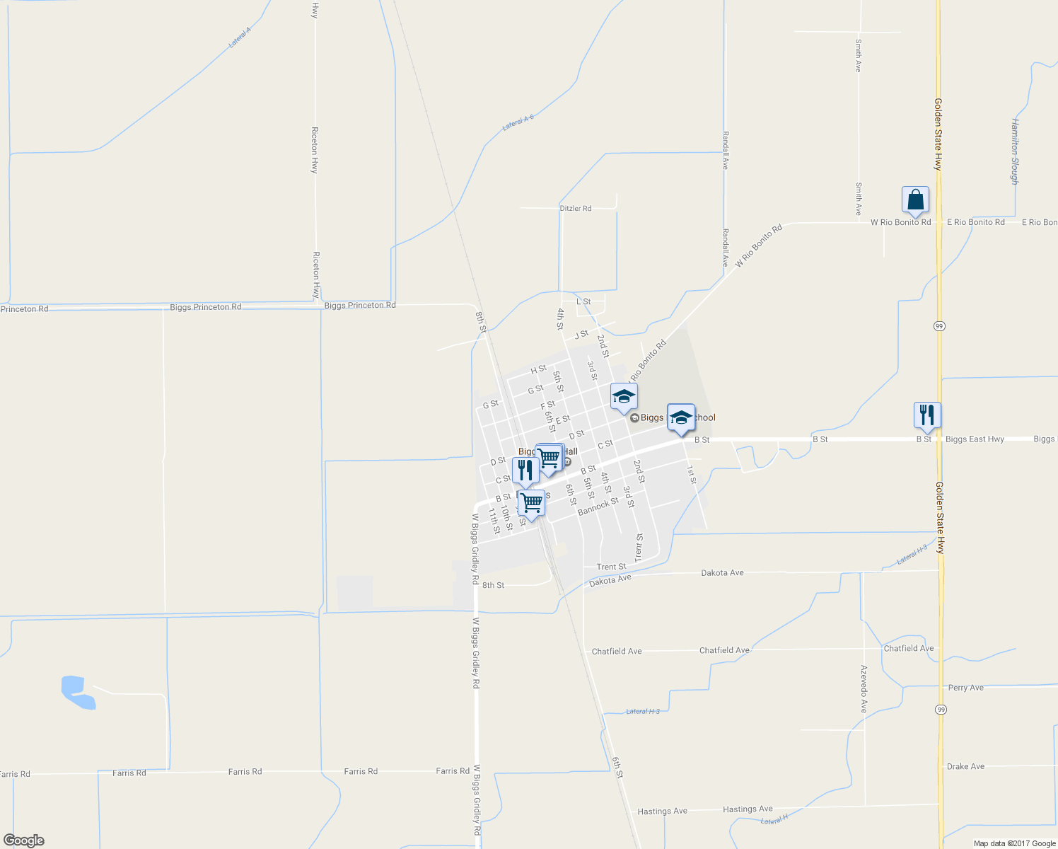 map of restaurants, bars, coffee shops, grocery stores, and more near 494 E St in Biggs