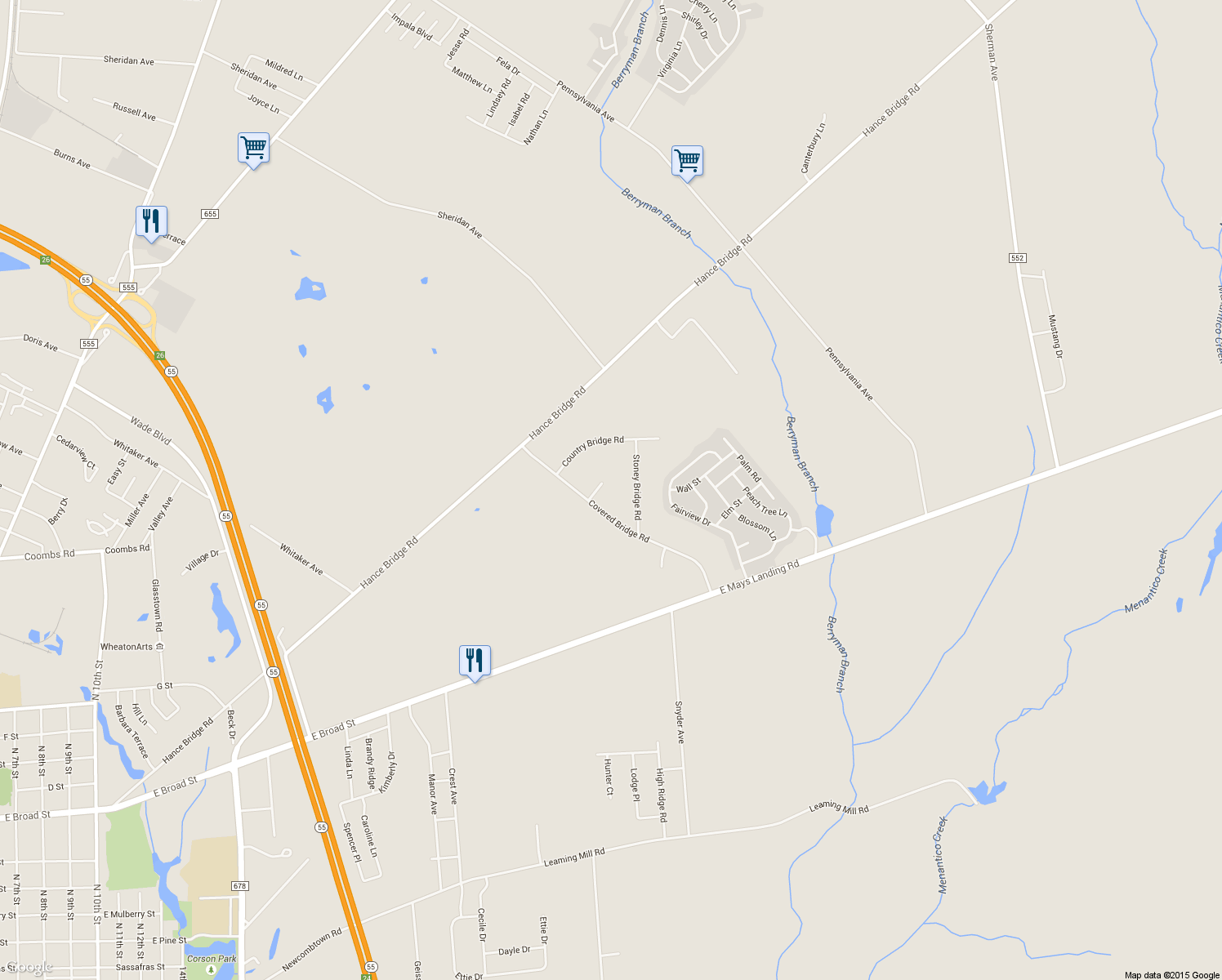 map of restaurants, bars, coffee shops, grocery stores, and more near 1715 Natural Bridge Road in Millville