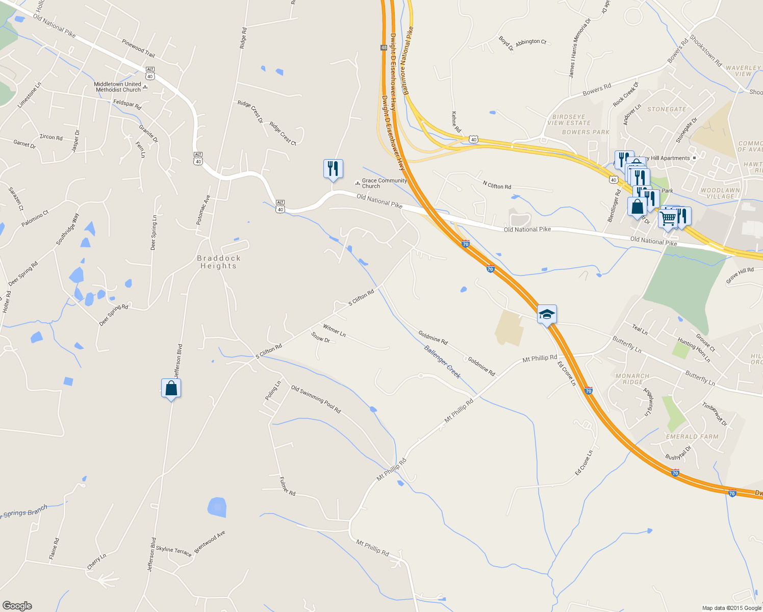 map of restaurants, bars, coffee shops, grocery stores, and more near 6661 South Clifton Road in Frederick