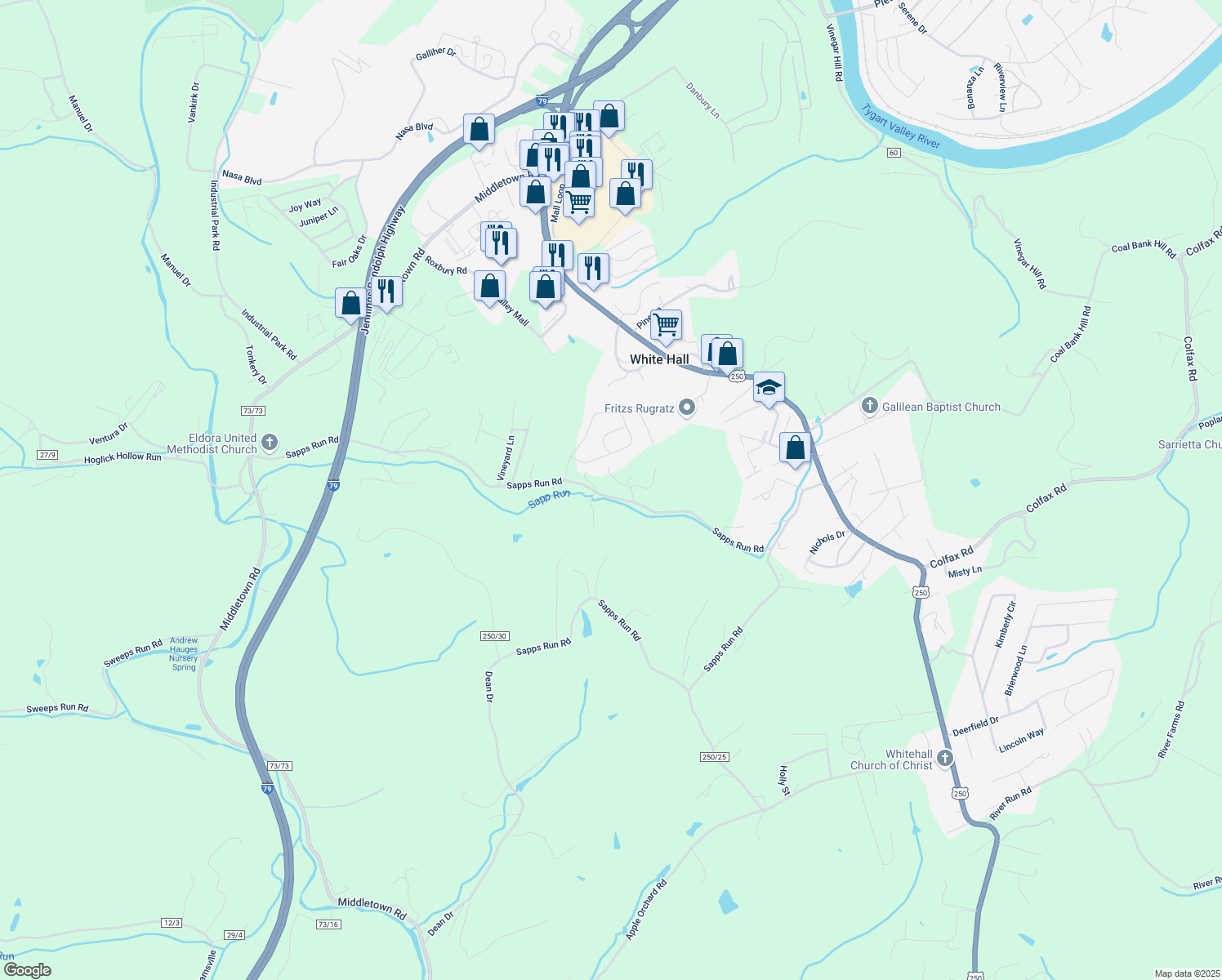 map of restaurants, bars, coffee shops, grocery stores, and more near 434 Sapps Run Road in Fairmont