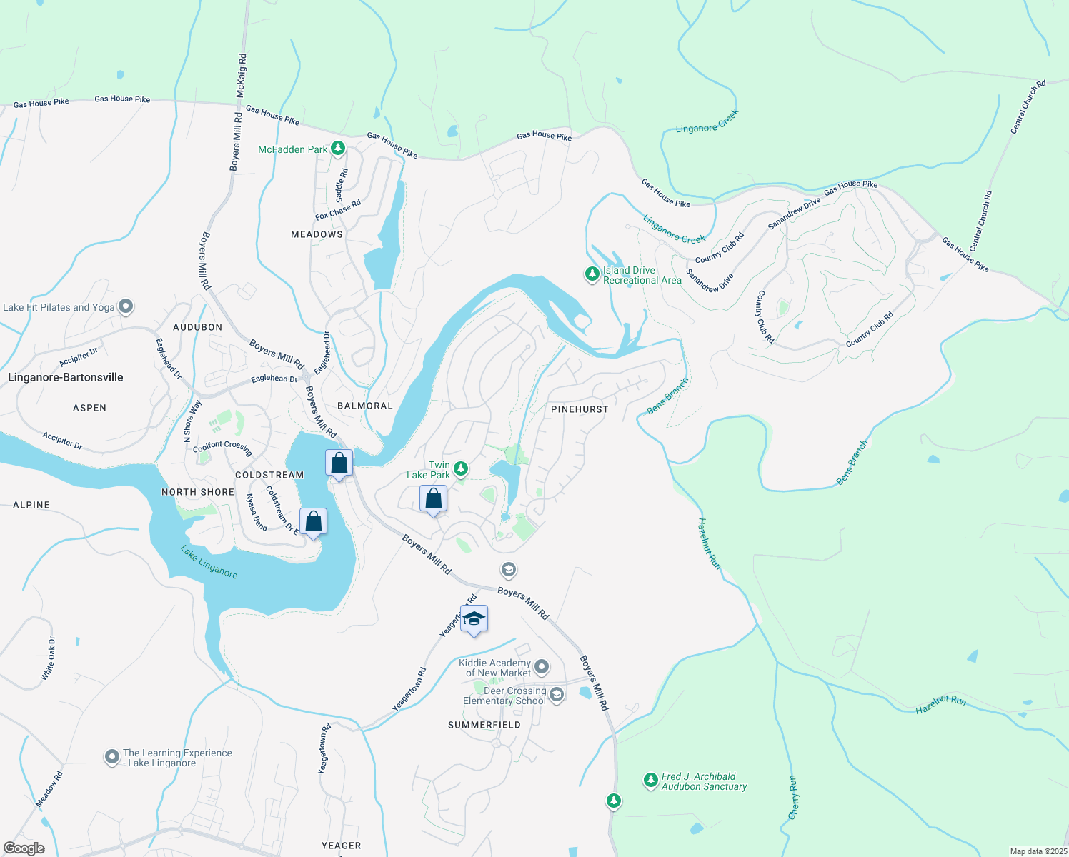 map of restaurants, bars, coffee shops, grocery stores, and more near 6618 Hemlock Point Road in New Market