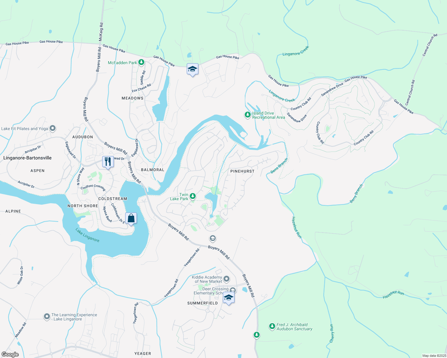 map of restaurants, bars, coffee shops, grocery stores, and more near 6618 Hemlock Point Road in New Market
