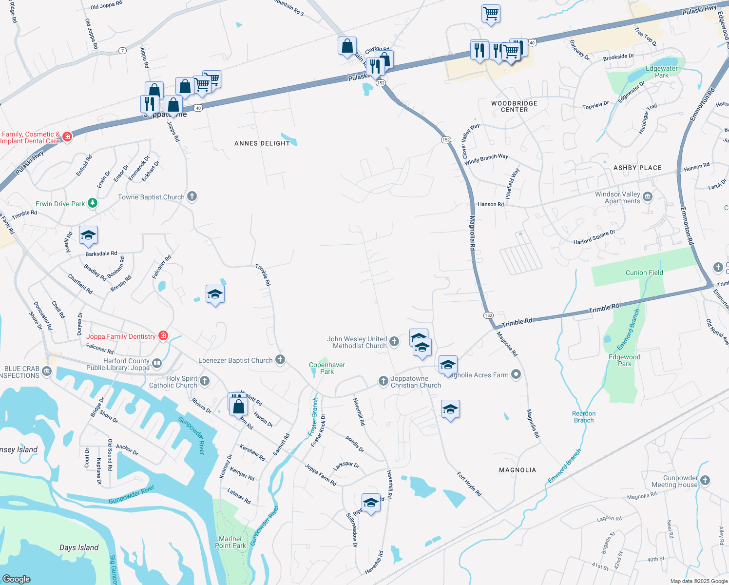 map of restaurants, bars, coffee shops, grocery stores, and more near 516 Dembytown Road in Harford County
