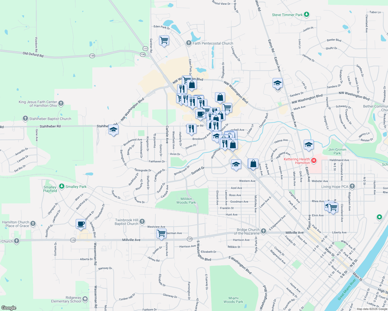 map of restaurants, bars, coffee shops, grocery stores, and more near 424 North Washington Boulevard in Hamilton
