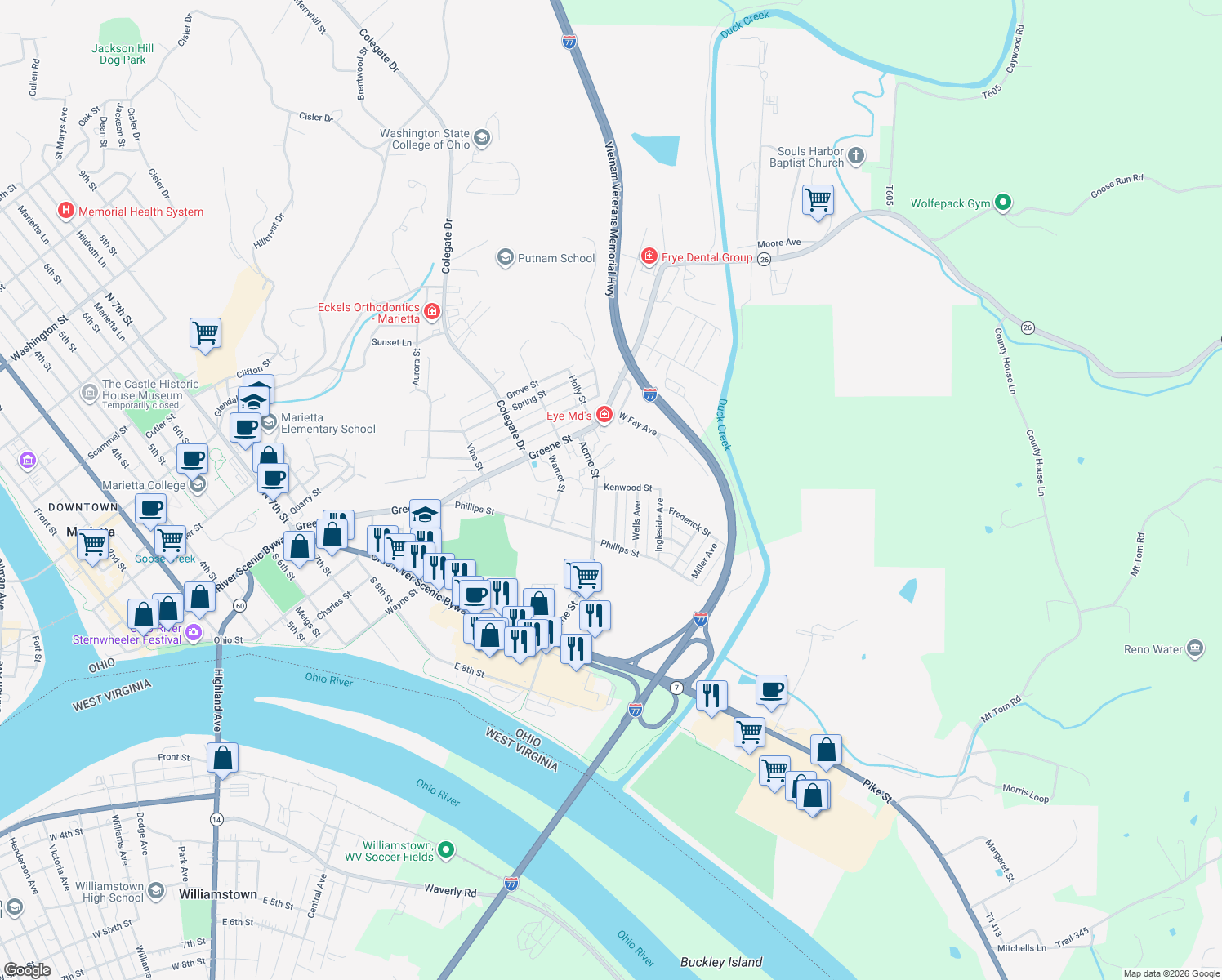 map of restaurants, bars, coffee shops, grocery stores, and more near 165 Woodland Avenue in Marietta