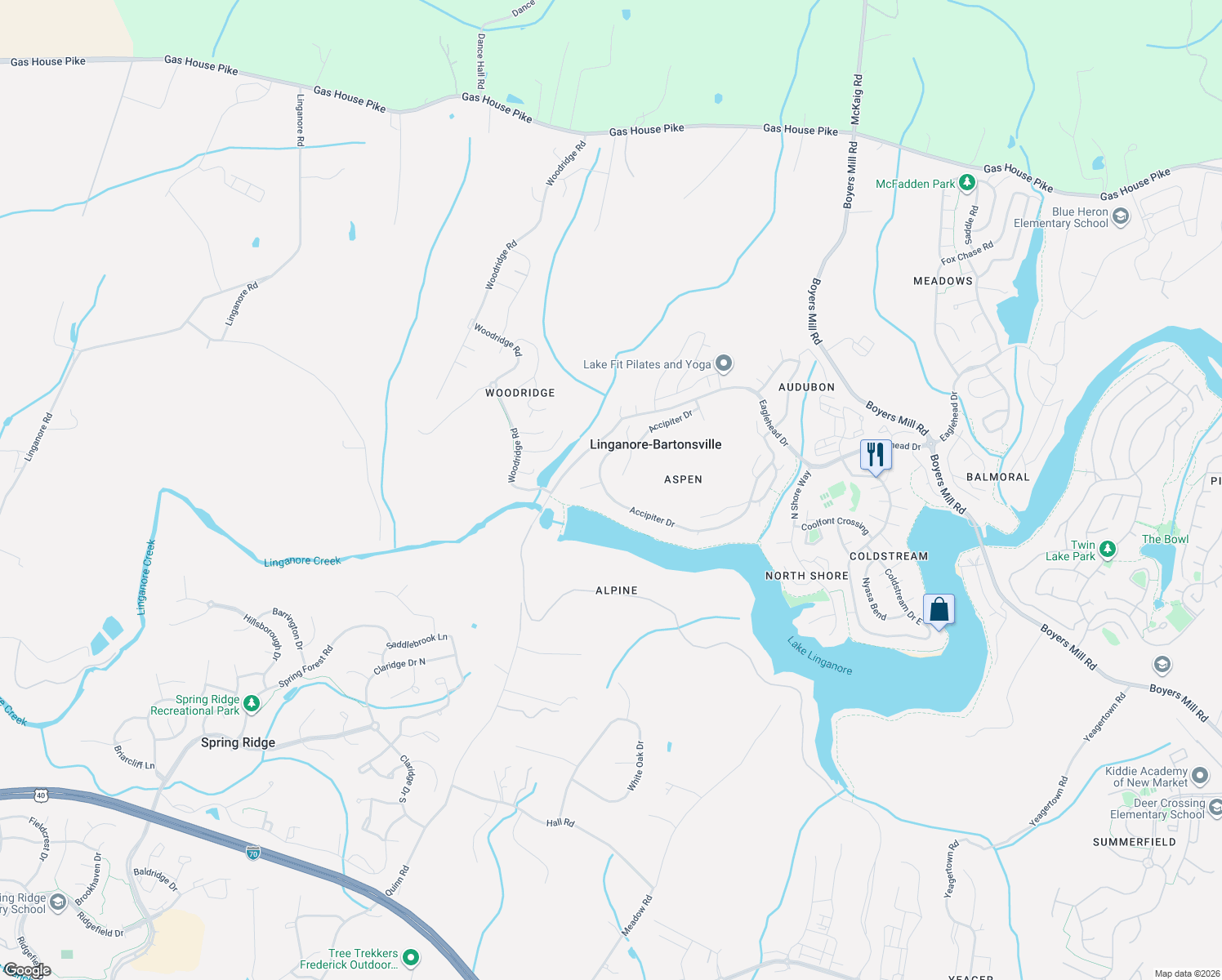 map of restaurants, bars, coffee shops, grocery stores, and more near 6724 Accipiter Drive in New Market