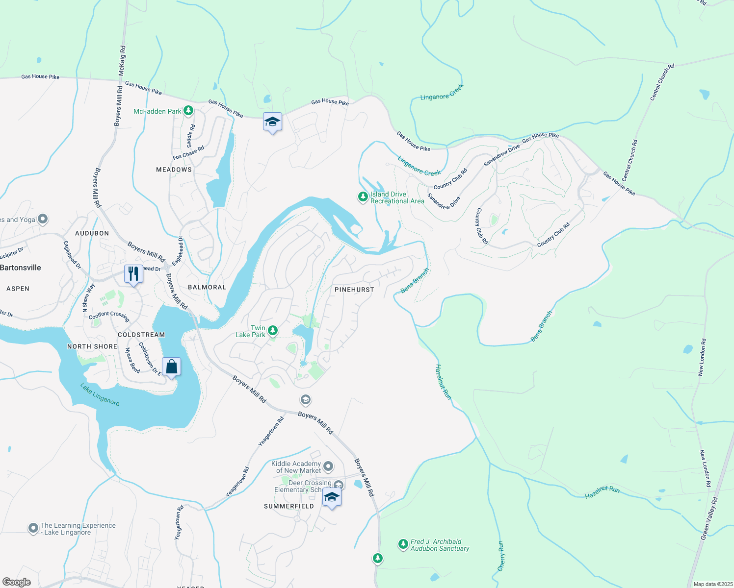map of restaurants, bars, coffee shops, grocery stores, and more near 6626 East Lakeridge Road in New Market