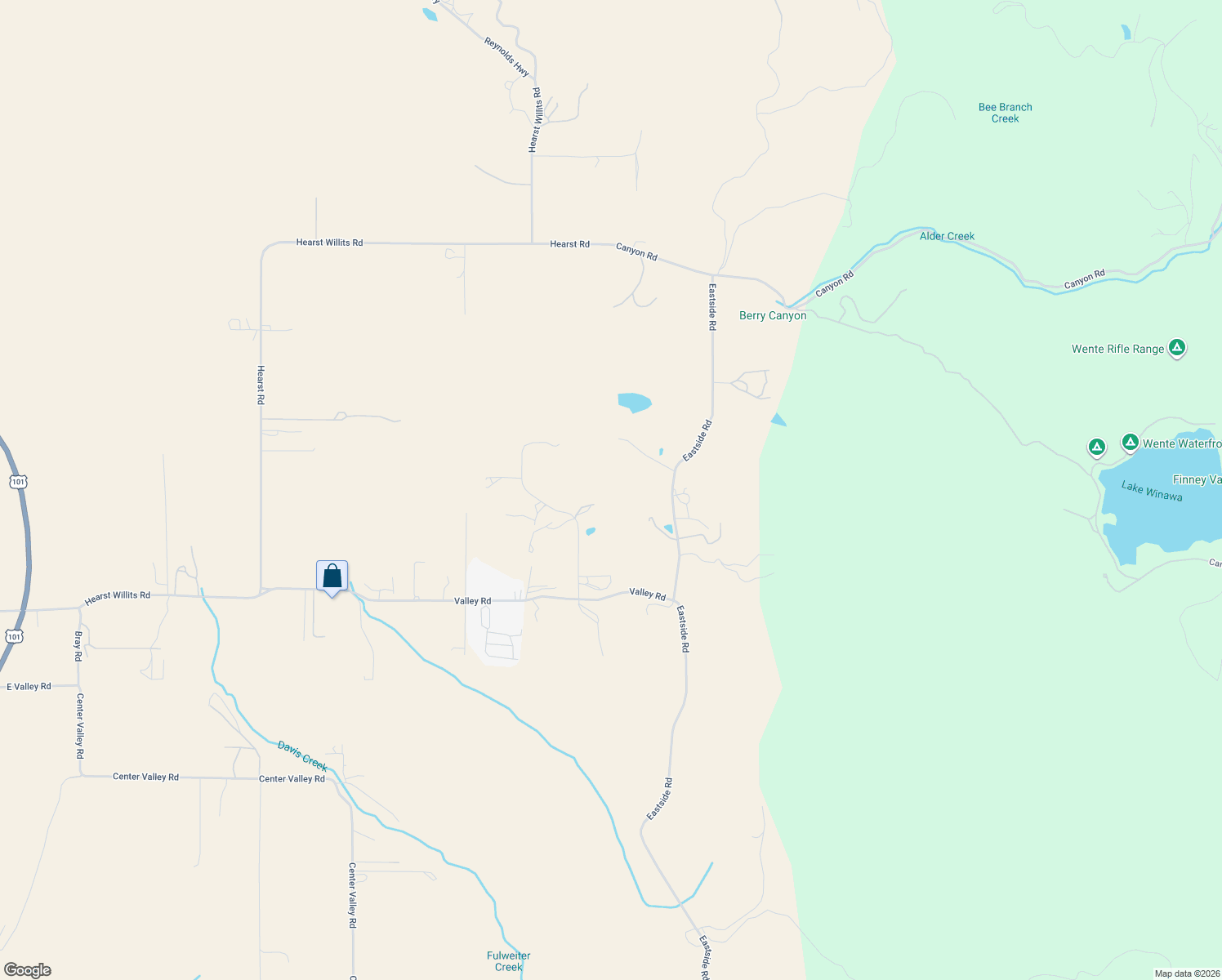 map of restaurants, bars, coffee shops, grocery stores, and more near 23300 Eastside Road in Willits