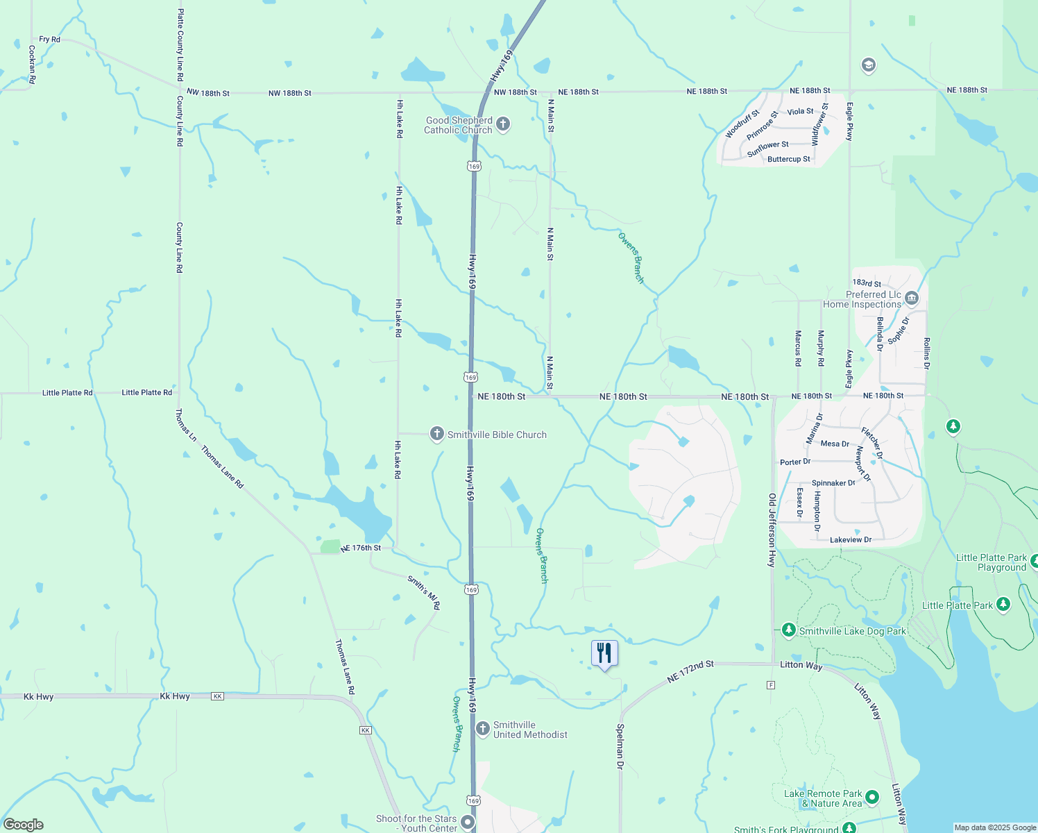 map of restaurants, bars, coffee shops, grocery stores, and more near 201 NW 180th St in Smithville