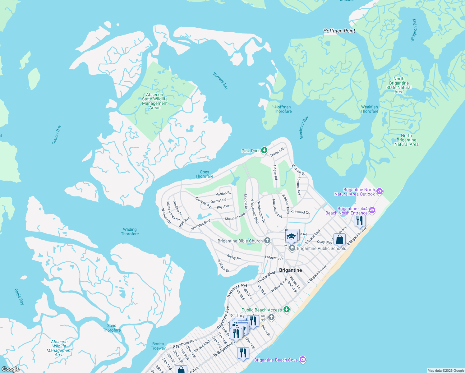 map of restaurants, bars, coffee shops, grocery stores, and more near 45 Vardon Road in Brigantine