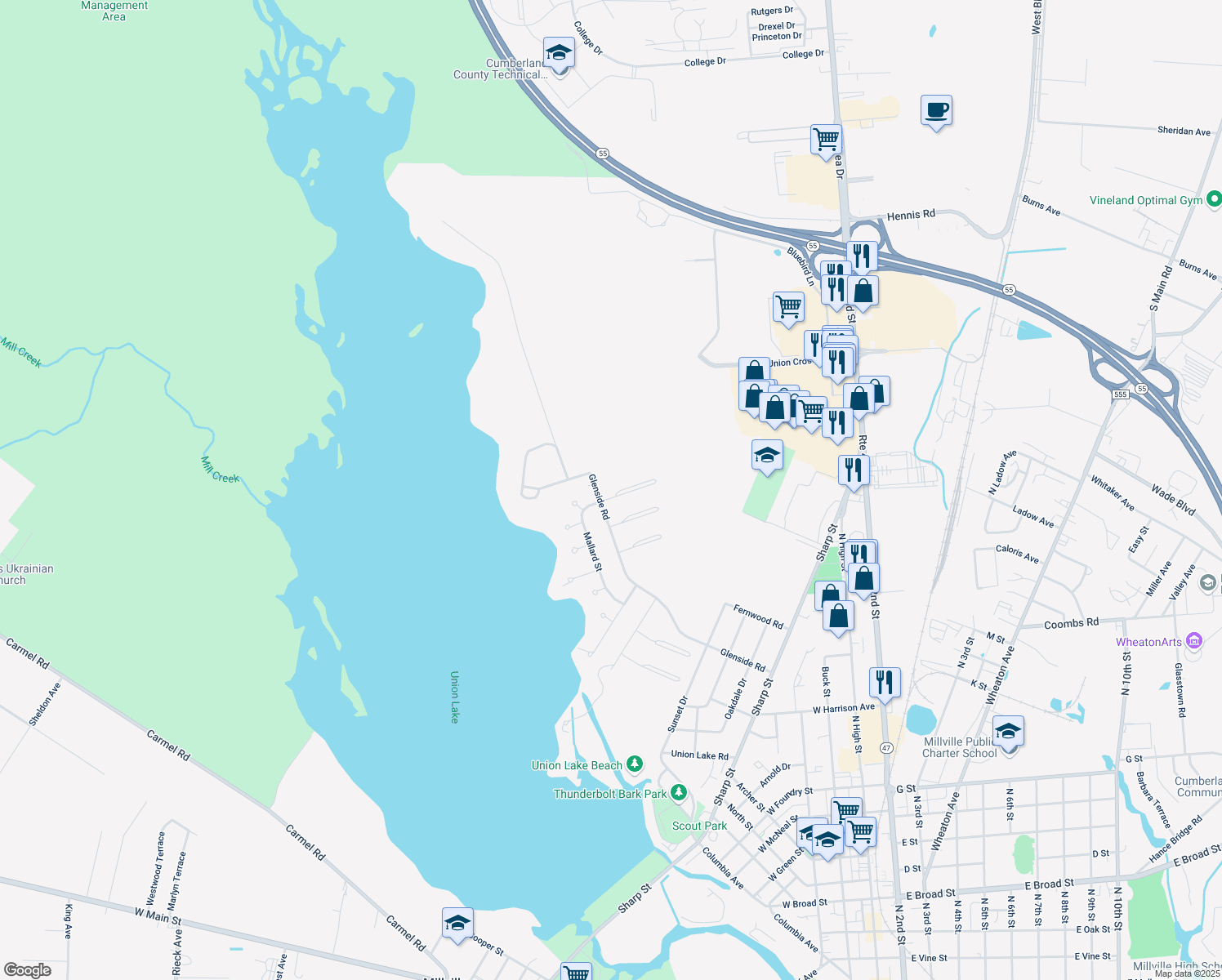 map of restaurants, bars, coffee shops, grocery stores, and more near 1302 Mallard Lane in Millville