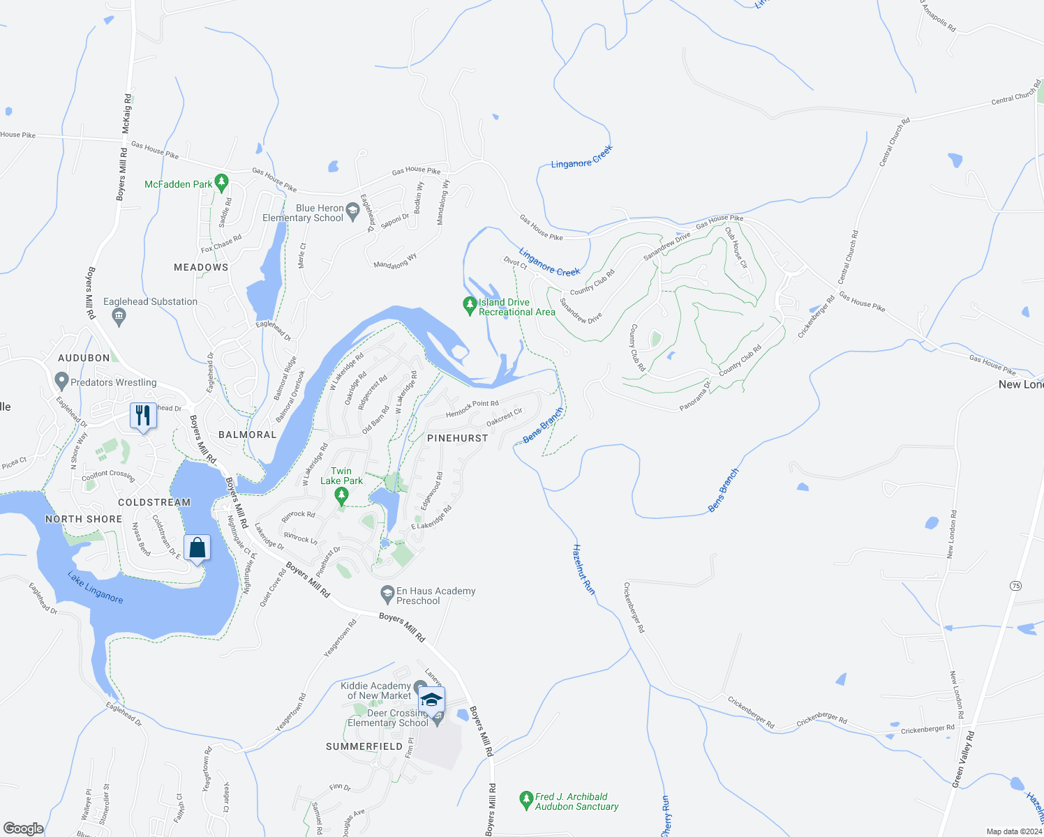 map of restaurants, bars, coffee shops, grocery stores, and more near 10915 Oakcrest Circle in New Market