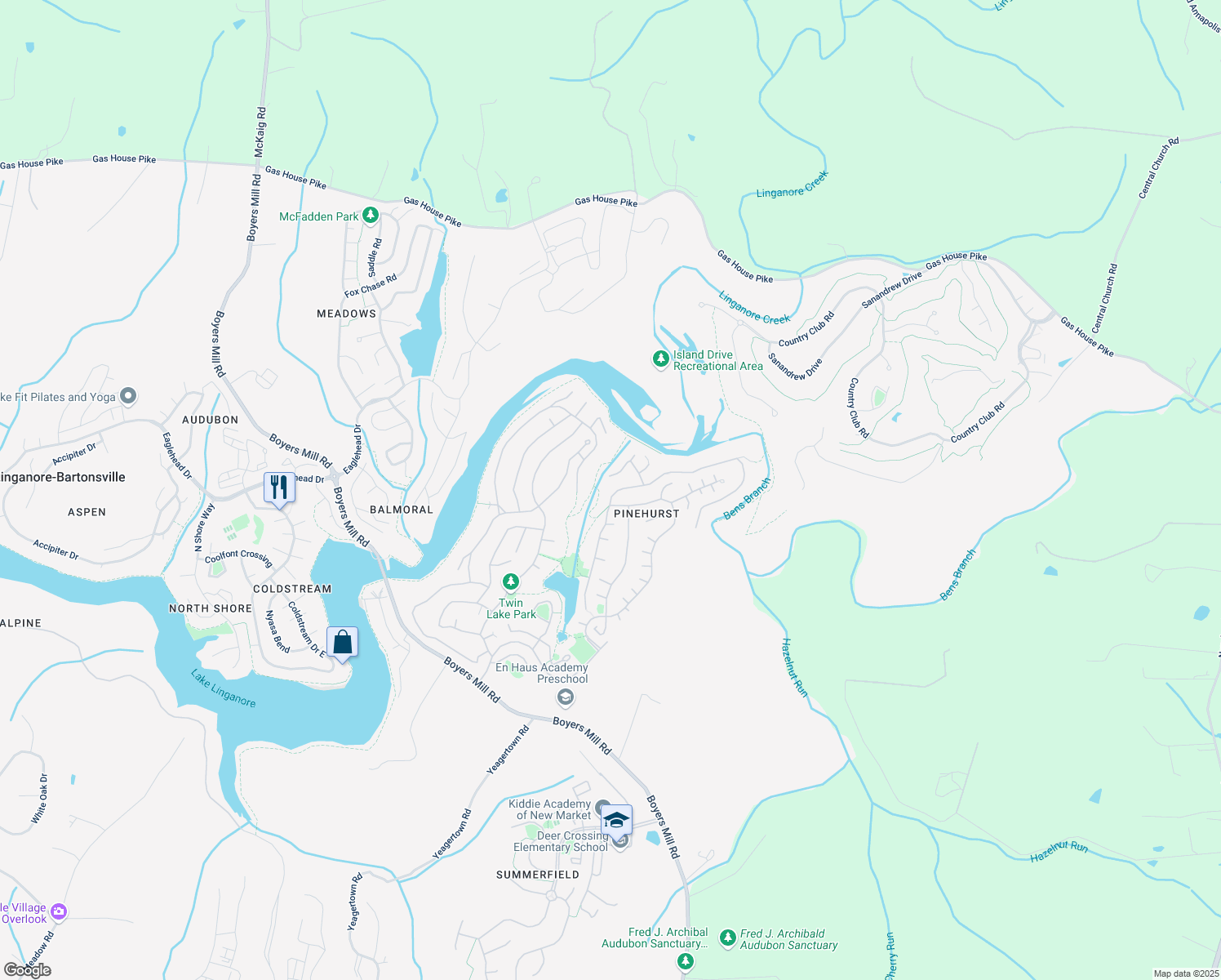 map of restaurants, bars, coffee shops, grocery stores, and more near 6704 Hemlock Point Road in New Market