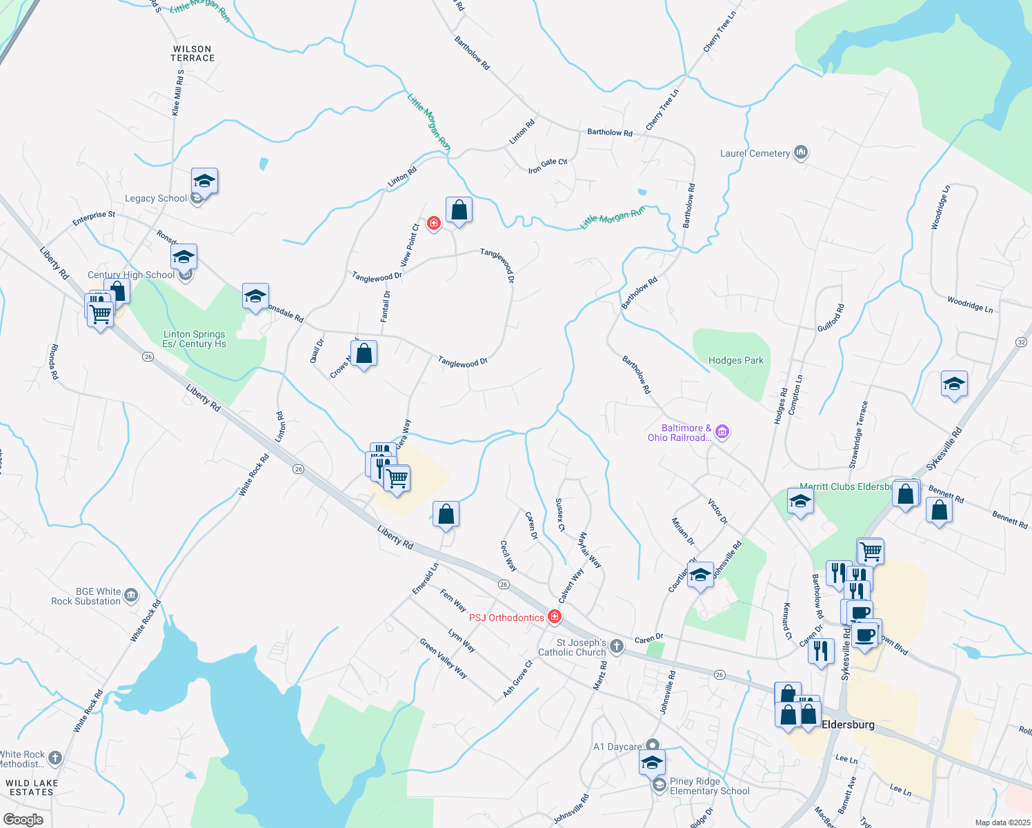 map of restaurants, bars, coffee shops, grocery stores, and more near 634 Volkl Drive in Eldersburg