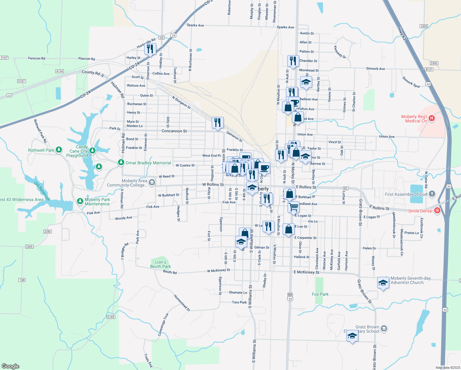 map of restaurants, bars, coffee shops, grocery stores, and more near 100 South 6th Street in Moberly