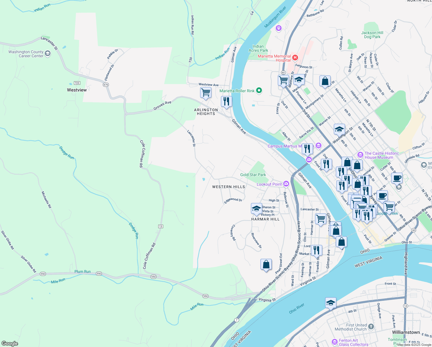map of restaurants, bars, coffee shops, grocery stores, and more near 925 Lancaster St in Marietta