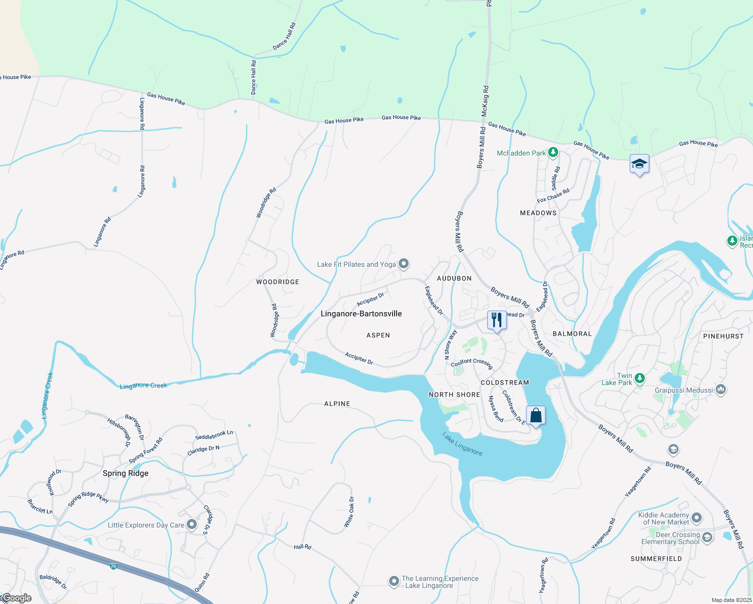 map of restaurants, bars, coffee shops, grocery stores, and more near 6606 Accipiter Drive in New Market