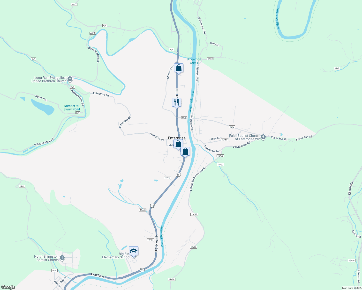 map of restaurants, bars, coffee shops, grocery stores, and more near 10 West Enterprise Road in Shinnston
