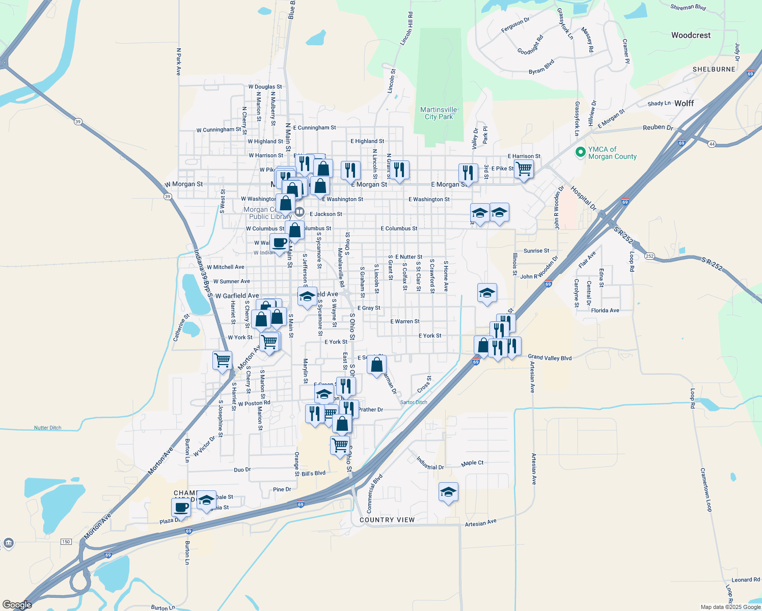 map of restaurants, bars, coffee shops, grocery stores, and more near 789 South Lincoln Street in Martinsville