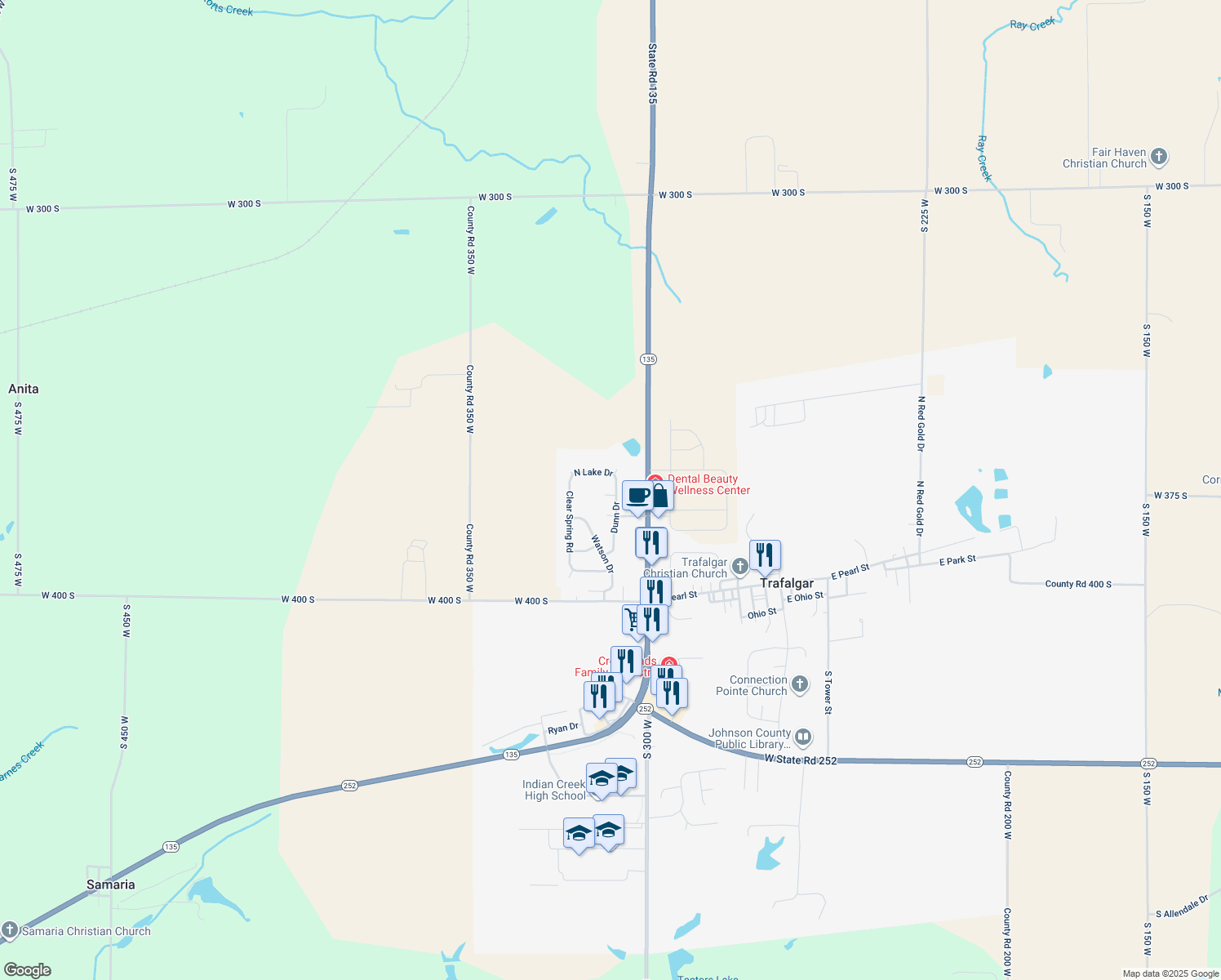 map of restaurants, bars, coffee shops, grocery stores, and more near 208 Dunn Dr in Trafalgar