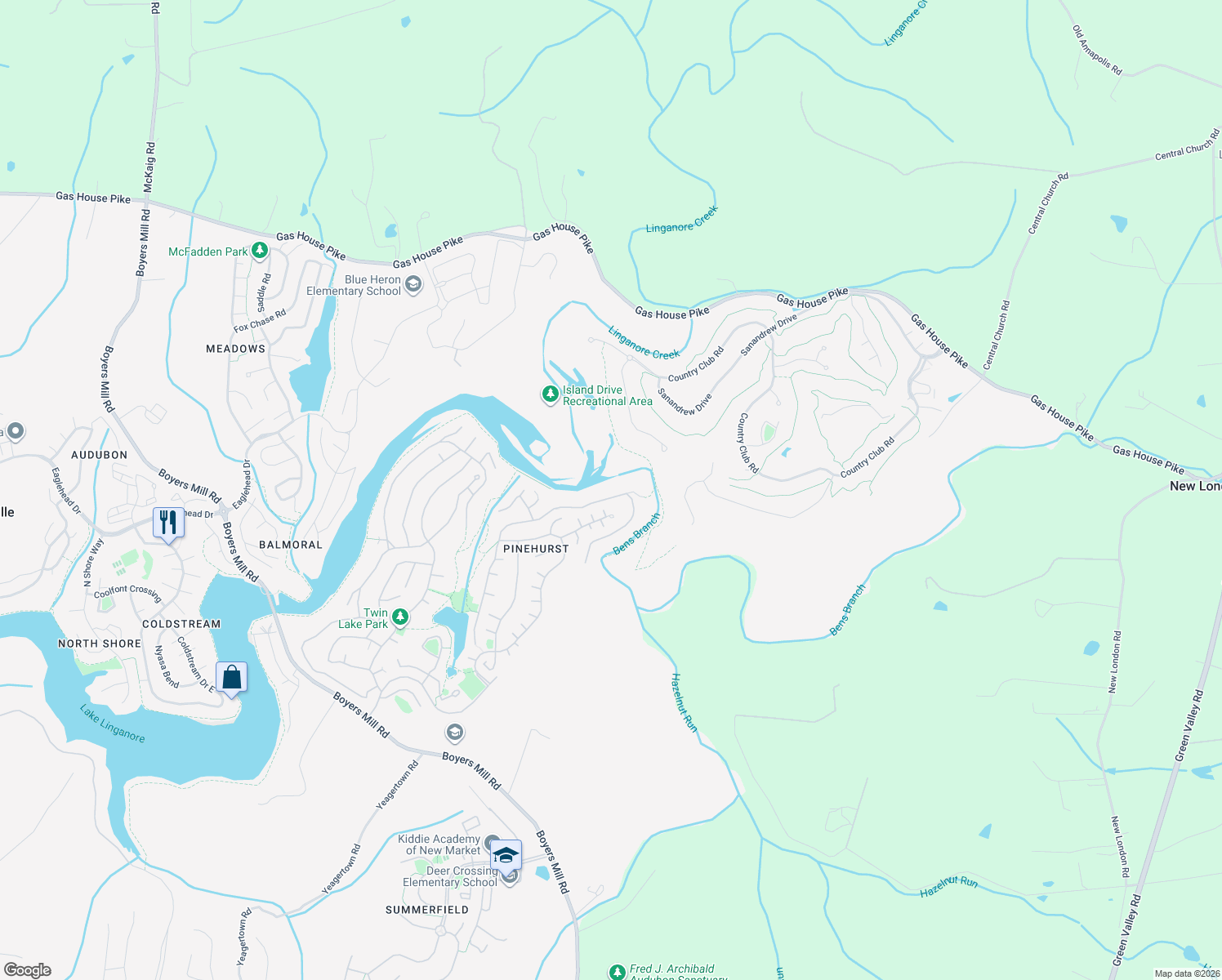 map of restaurants, bars, coffee shops, grocery stores, and more near 6744 Hemlock Point Road in New Market