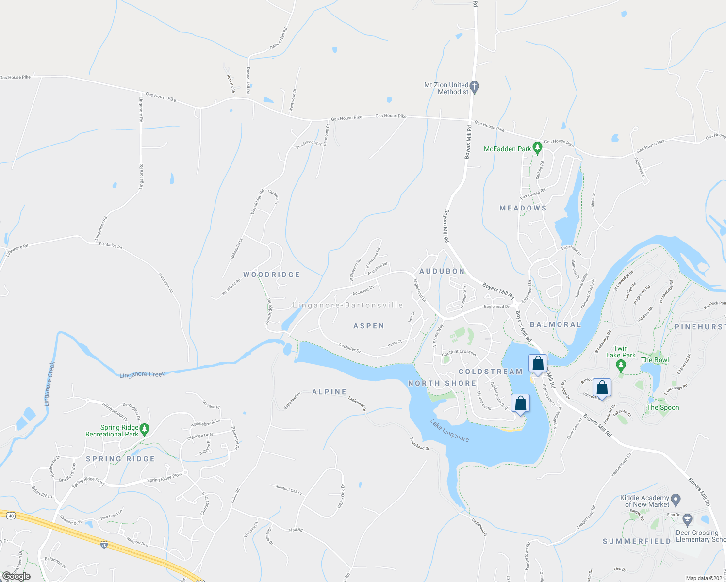 map of restaurants, bars, coffee shops, grocery stores, and more near 6606 Accipiter Drive in New Market