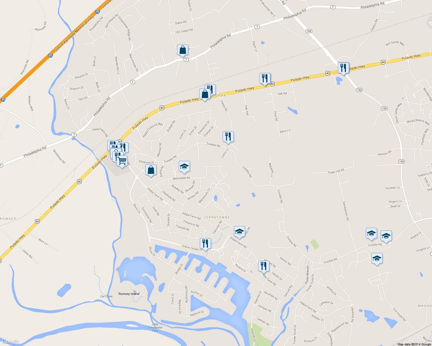map of restaurants, bars, coffee shops, grocery stores, and more near 609 Winesap Court in Harford County
