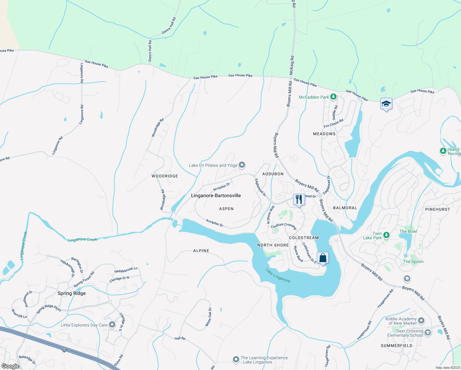 map of restaurants, bars, coffee shops, grocery stores, and more near 6600 Accipiter Drive in New Market