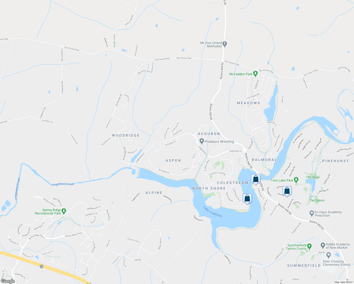 map of restaurants, bars, coffee shops, grocery stores, and more near 6600 Accipiter Drive in New Market