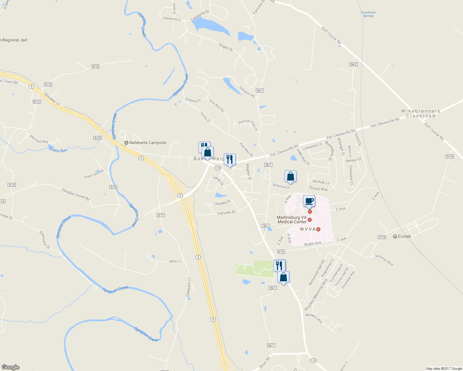 map of restaurants, bars, coffee shops, grocery stores, and more near 21 Denim Lane in Kearneysville