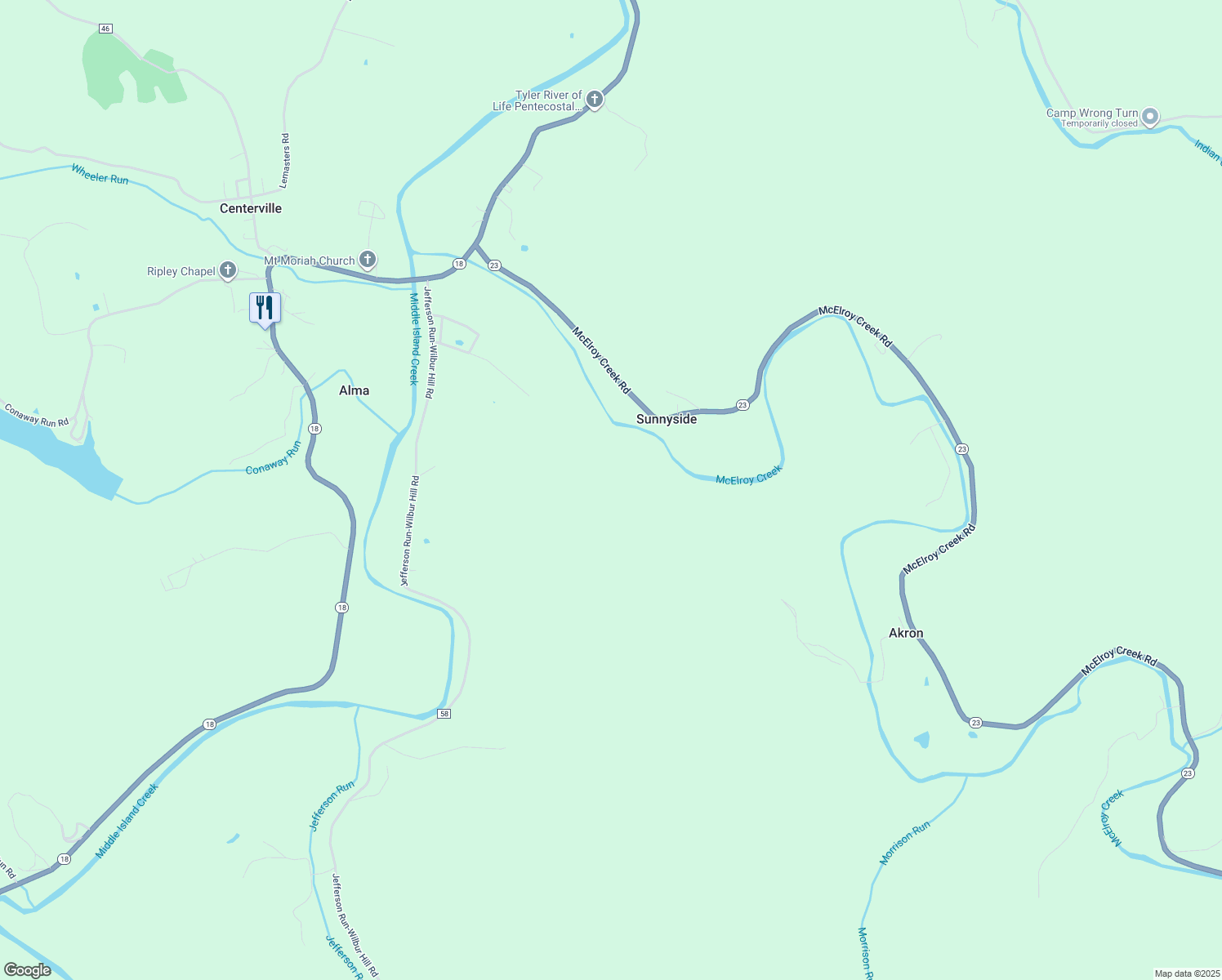 map of restaurants, bars, coffee shops, grocery stores, and more near 2524 West Virginia 23 in Alma