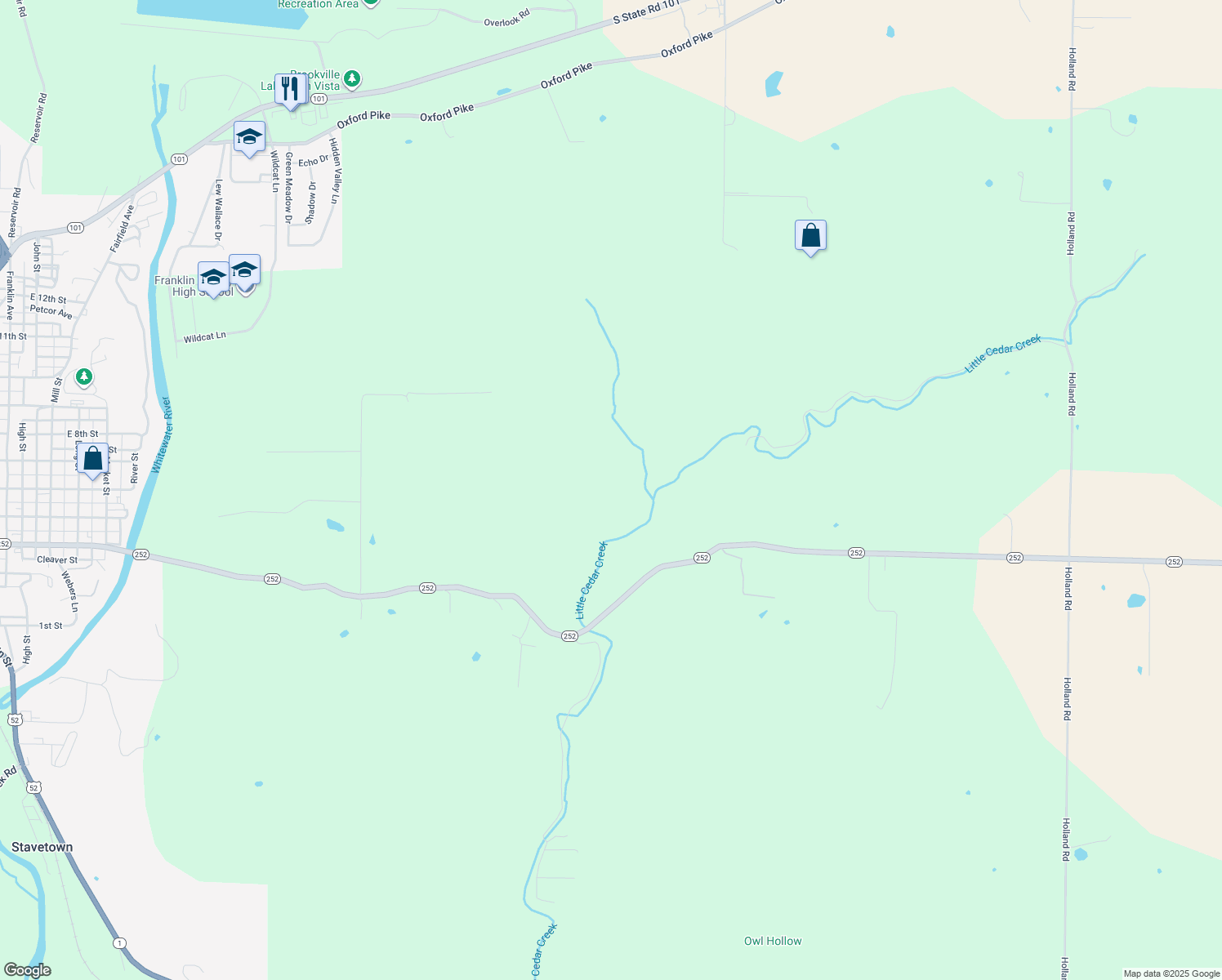 map of restaurants, bars, coffee shops, grocery stores, and more near in Brookville