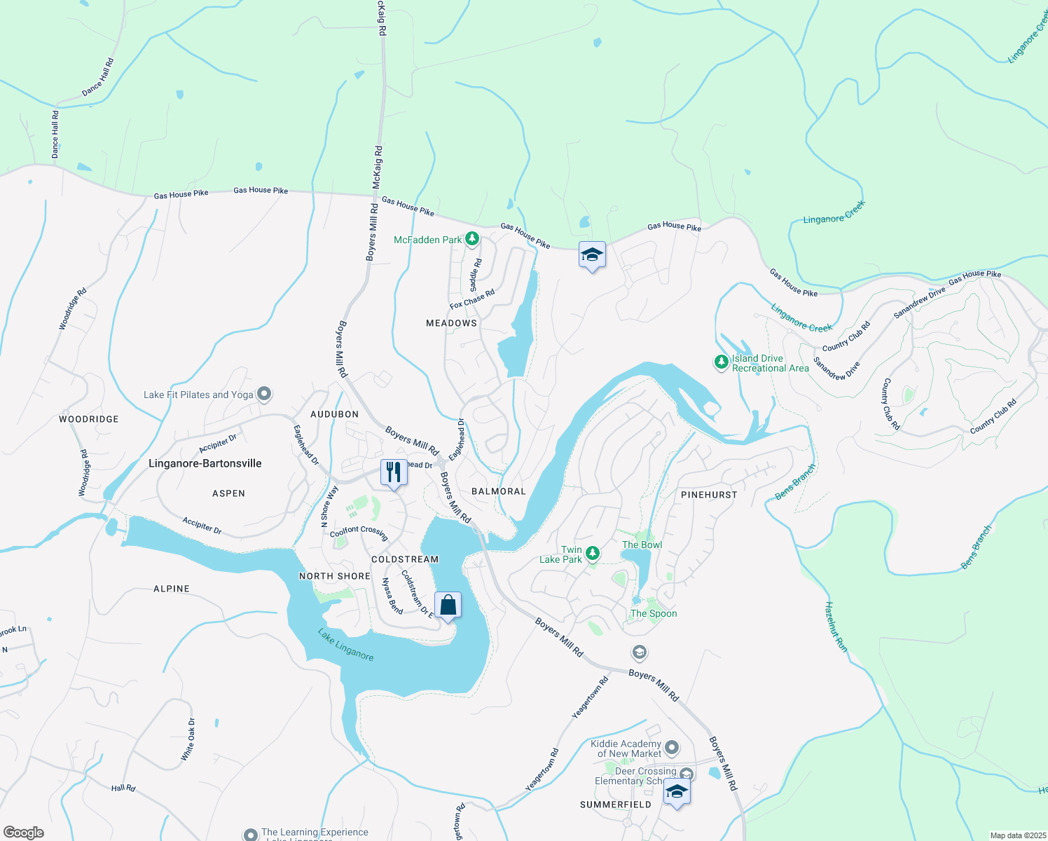 map of restaurants, bars, coffee shops, grocery stores, and more near 6806 Balmoral Court in New Market