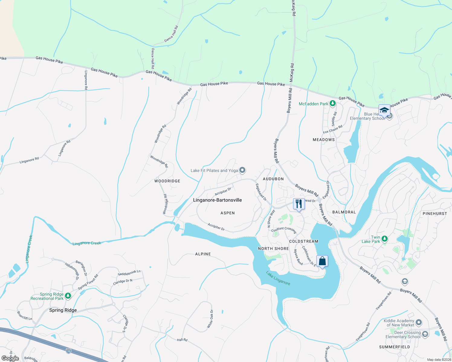 map of restaurants, bars, coffee shops, grocery stores, and more near 9910 Arapahoe Road in New Market