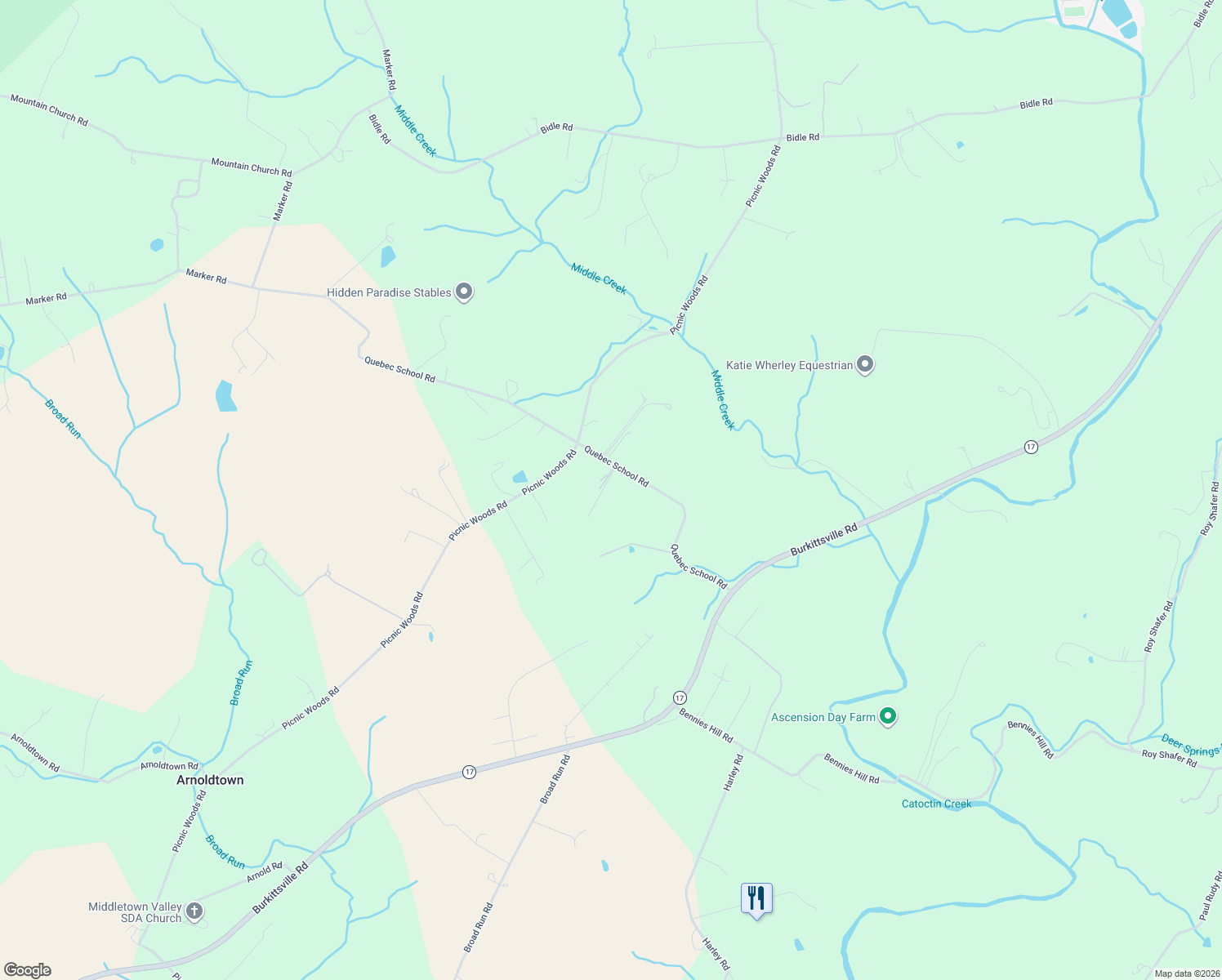 map of restaurants, bars, coffee shops, grocery stores, and more near 2427 Quebec School Road in Middletown