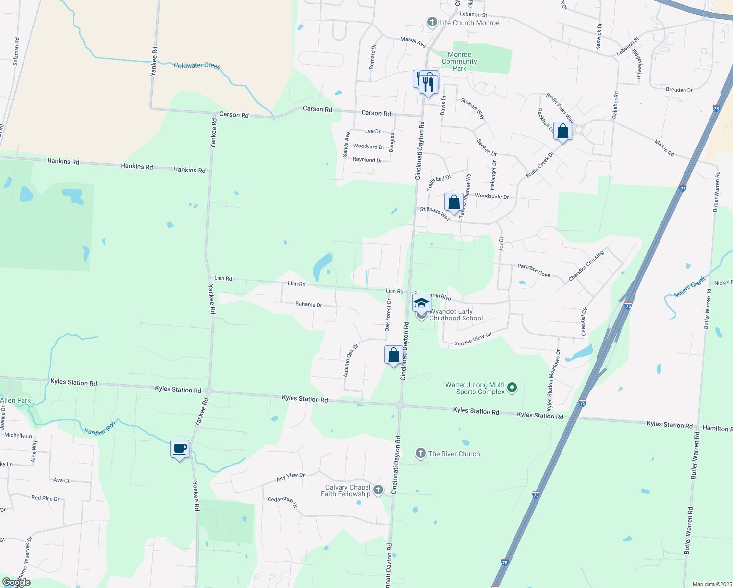 map of restaurants, bars, coffee shops, grocery stores, and more near 7461 Linn Rd in Middletown
