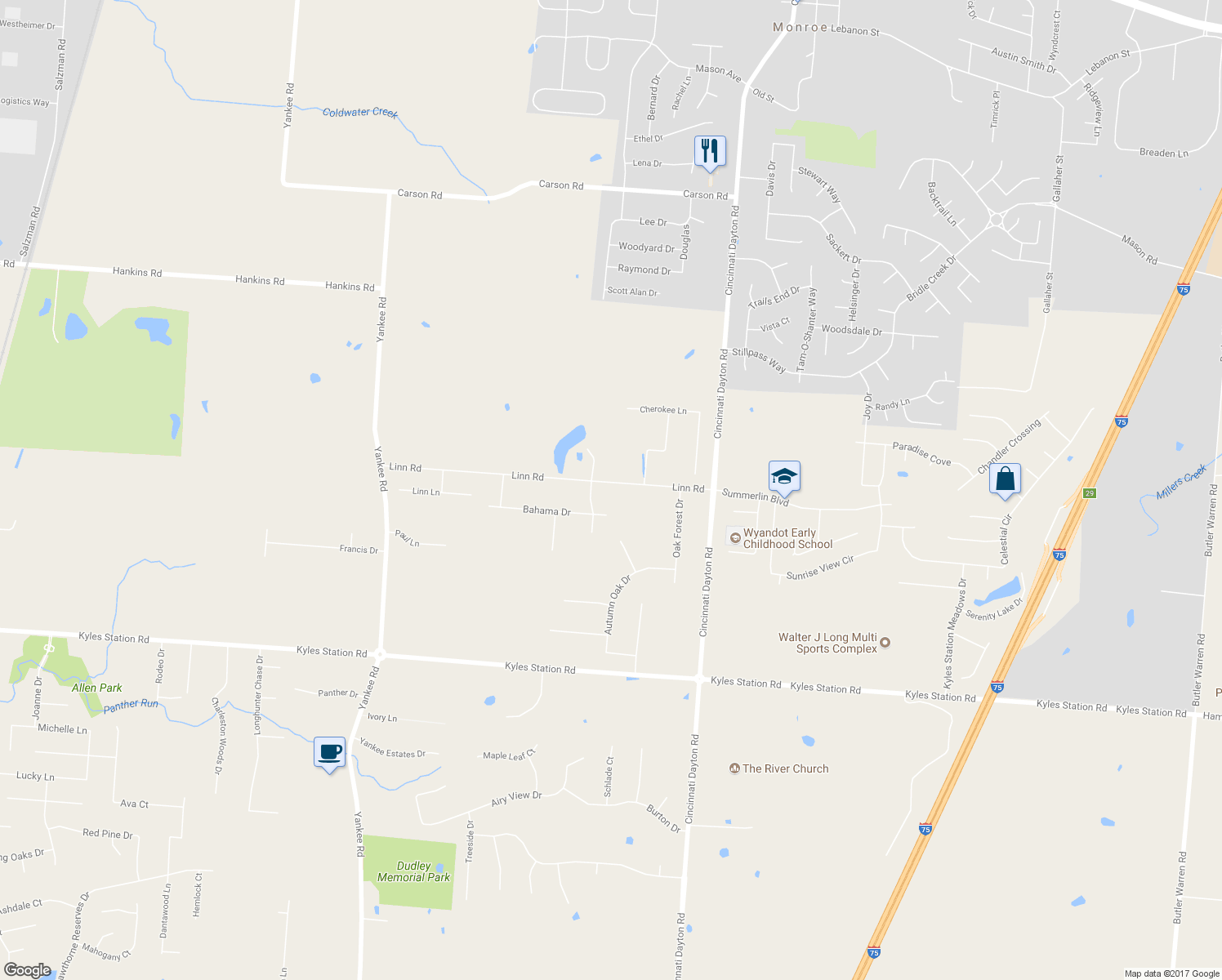 map of restaurants, bars, coffee shops, grocery stores, and more near 7405 Linn Road in Butler County