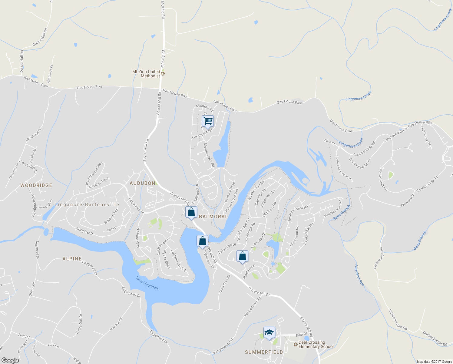 map of restaurants, bars, coffee shops, grocery stores, and more near 6805 Balmoral Court in New Market