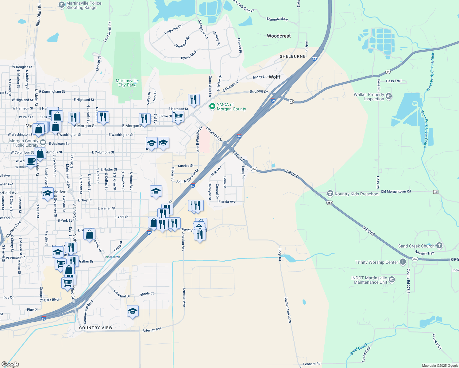 map of restaurants, bars, coffee shops, grocery stores, and more near 2240 Crestview Drive in Martinsville