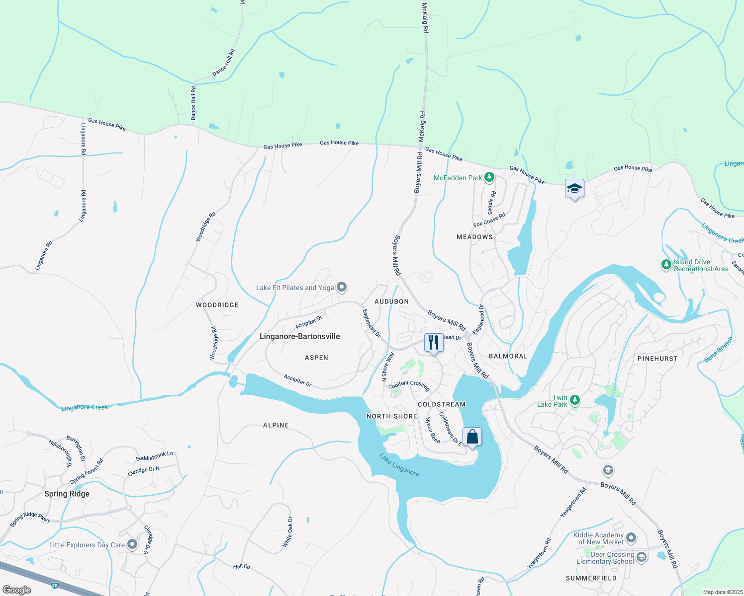 map of restaurants, bars, coffee shops, grocery stores, and more near 6847 Whooping Crane Way in New Market