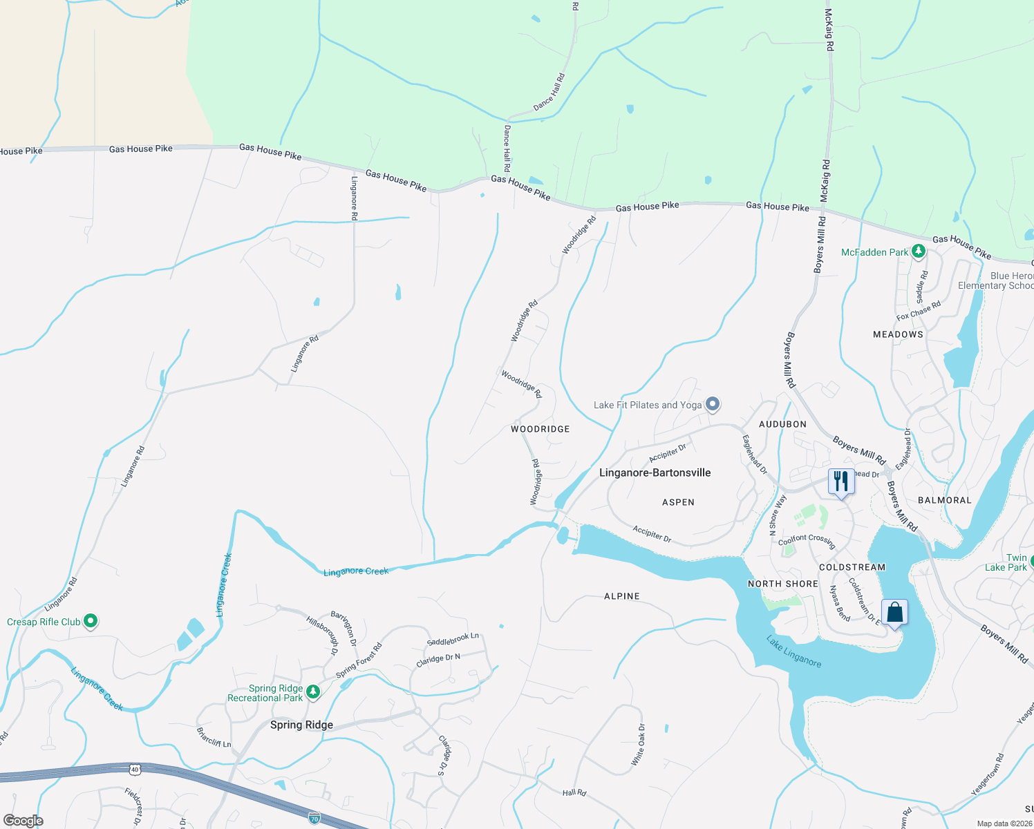 map of restaurants, bars, coffee shops, grocery stores, and more near 9647 Woodridge Road in New Market