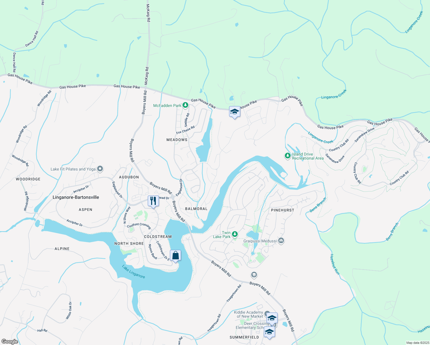 map of restaurants, bars, coffee shops, grocery stores, and more near 6798 Balmoral Ridge in New Market