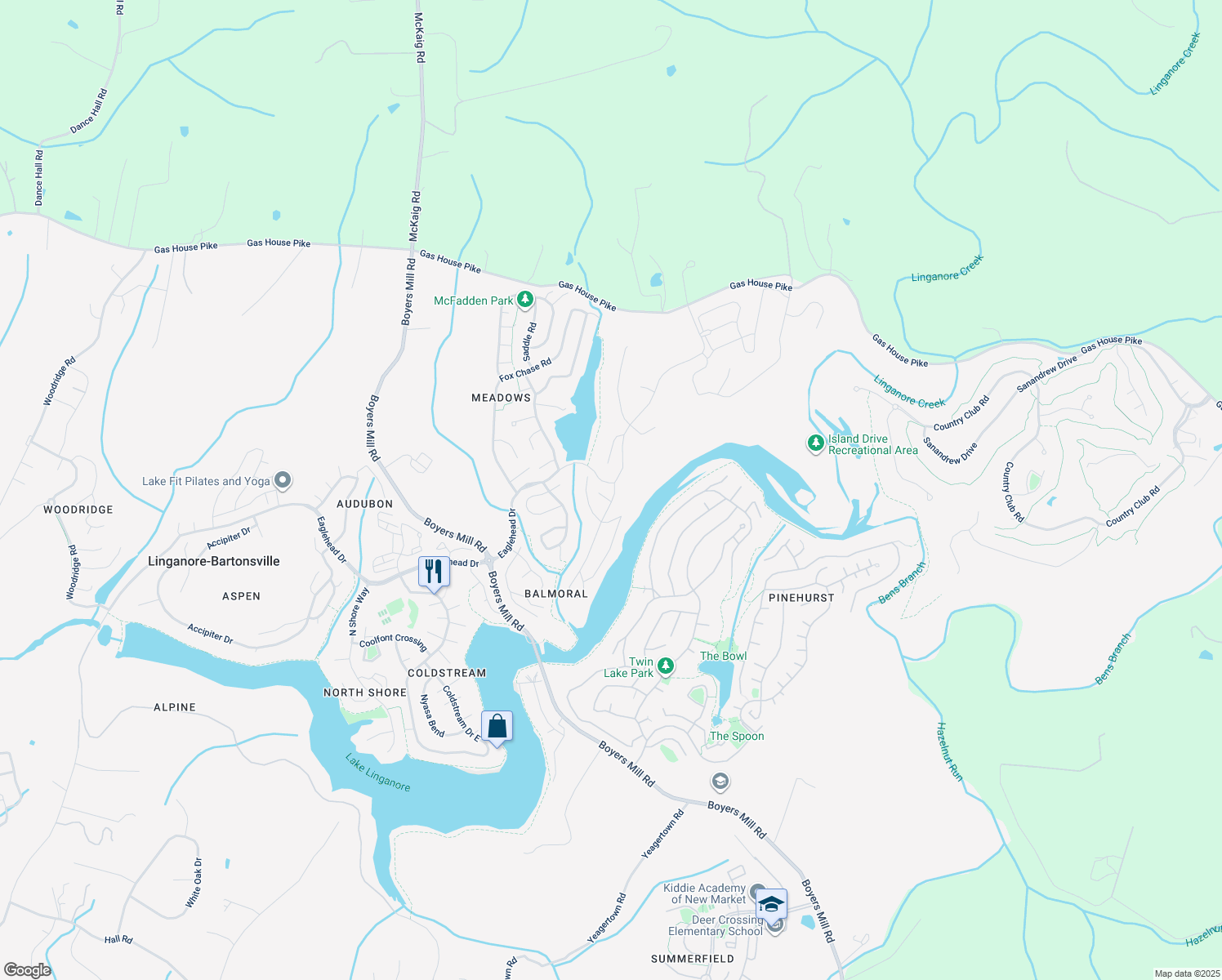 map of restaurants, bars, coffee shops, grocery stores, and more near 6798 Balmoral Ridge in New Market