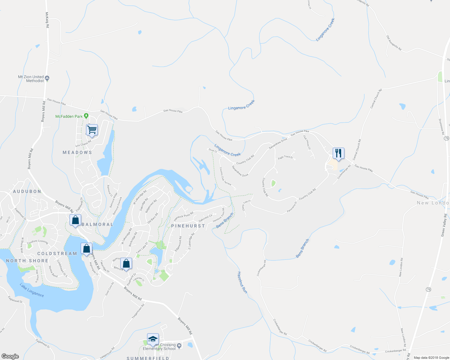 map of restaurants, bars, coffee shops, grocery stores, and more near 6955 Country Club Terrace in New Market